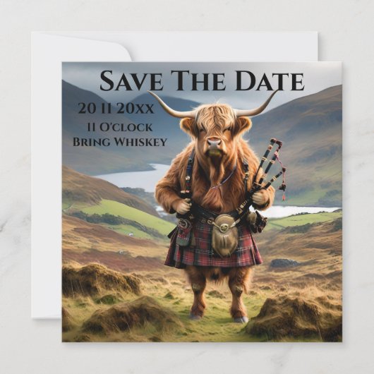 Save The Date Sonneur de cornemuse de vache des Highlands écossa (Devant)