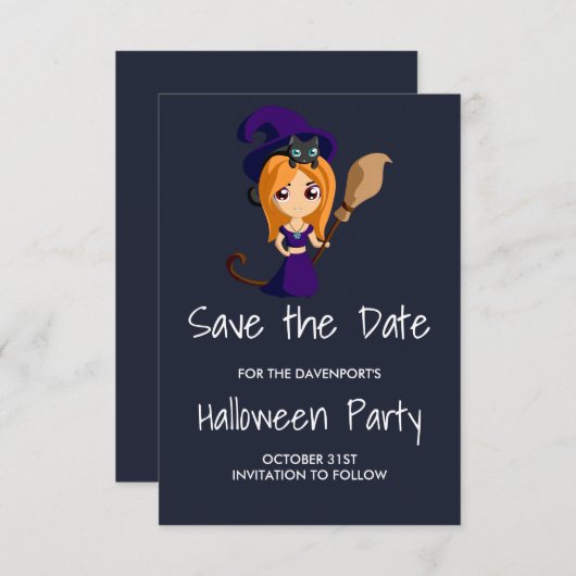 Save The Date Sorcière mignonne en Casquette violet Halloween En (Devant / Derrière)
