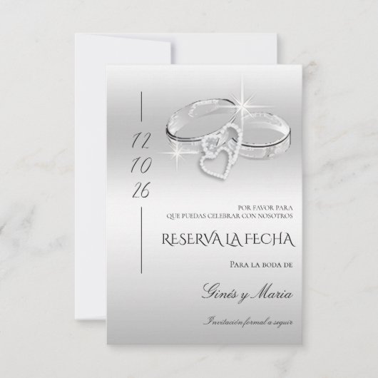 Save The Date Spanish Decorative Glitzy Silver Wedding Rings (Devant)