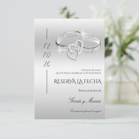 Save The Date Spanish Decorative Glitzy Silver Wedding Rings  (Debout devant)