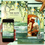 Save The Date Sparkling Christmas Beach Photo Enregistrer la car<br><div class="desc">Mariage de Noël Sauvegardez la Carte Date avec une plage verte turquoise avec des lumières scintillantes sur les brindilles de pin. Sur le dos,  il y a de l'espace pour votre propre photo. Vous pouvez utiliser le modèle de code QR pour créer un lien vers votre propre site Web.</div>
