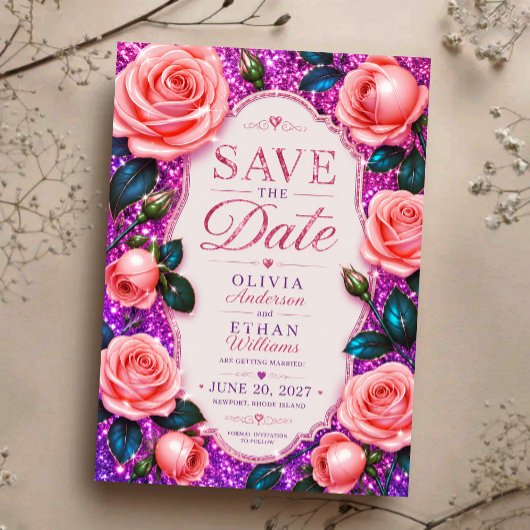 Save The Date Sparkling Pink Glitter Rose