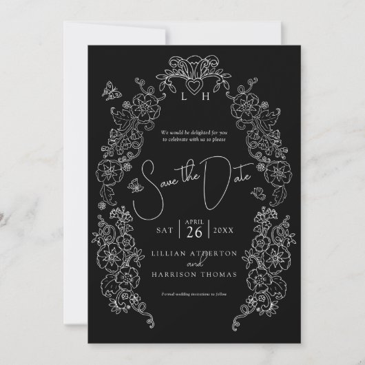 Save The Date Spring Fleur de lis art noir blanc photo mariage (Devant)