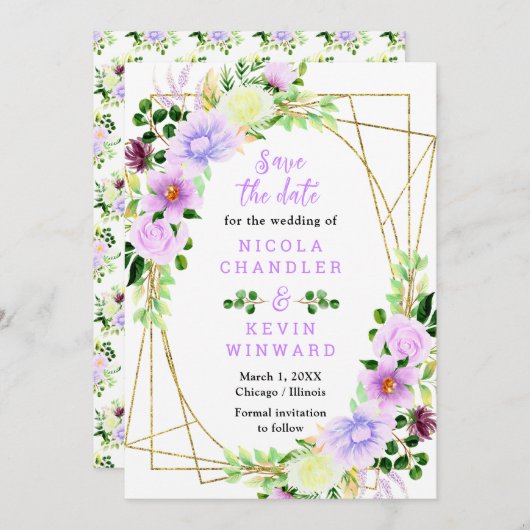 Save The Date Spring Purple Flowers with Foliage (Devant / Derrière)