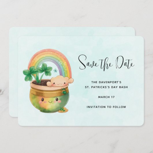 Save The Date St. Patrick's Day Whimsical Arc-en-ciel et trèfle (Devant / Derrière)