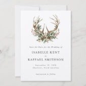 Save The Date Stag Antlers Rustique hiver Floral Mariage (Devant)