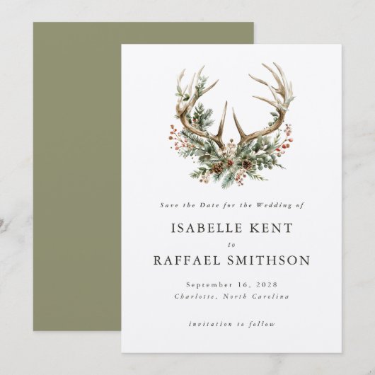 Save The Date Stag Antlers Rustique hiver Floral Mariage (Devant / Derrière)