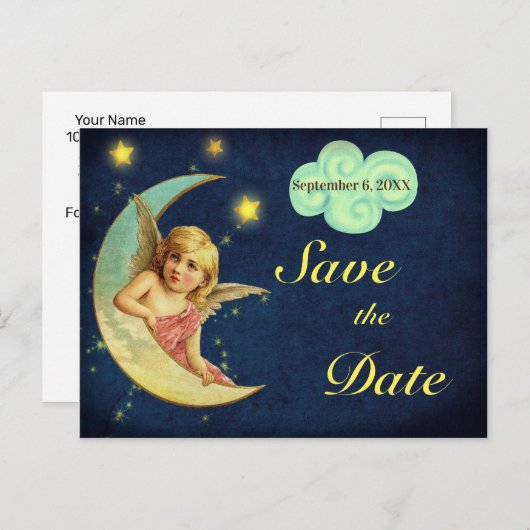  Save the Date Star Moon Angel Wings Cherub Aankondigingskaart (Voorkant / Achterkant)