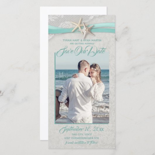 Save The Date Starfish et Lace Aqua Grey Enregistrer la date (Devant / Derrière)