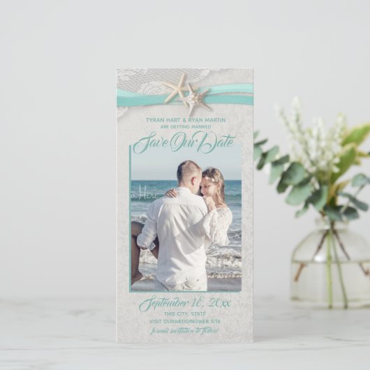 Save The Date Starfish et Lace Aqua Grey Enregistrer la date (Debout devant)