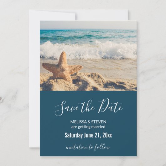 Save The Date Starfish sur une plage de sable Photo (Devant)