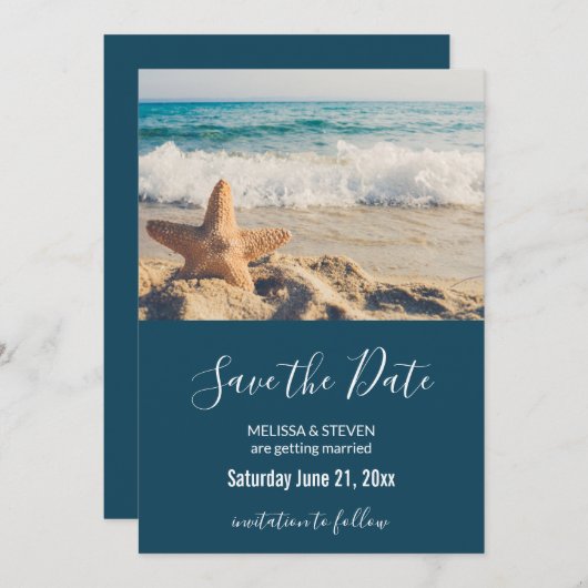 Save The Date Starfish sur une plage de sable Photo (Devant / Derrière)