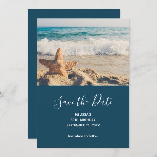 Save The Date Starfish sur une plage de sable Photographier Sauv (Devant / Derrière)
