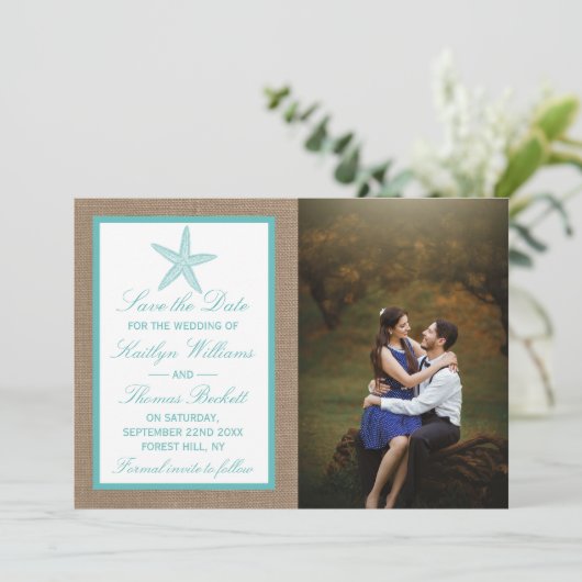 Save The Date Starfish Turquoise Burlap Beach Wedding Collection (Debout devant)