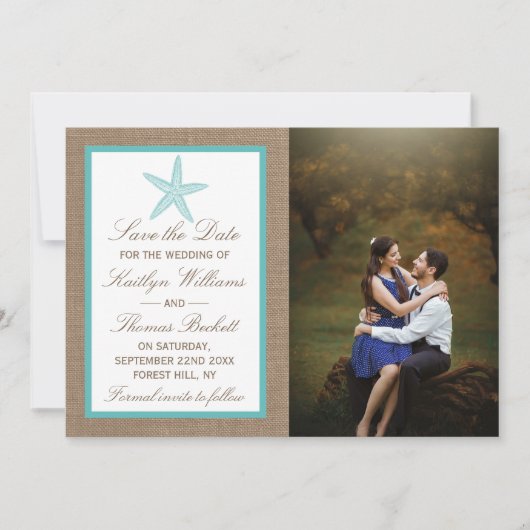 Save The Date Starfish Turquoise Burlap Beach Wedding Collection (Devant)