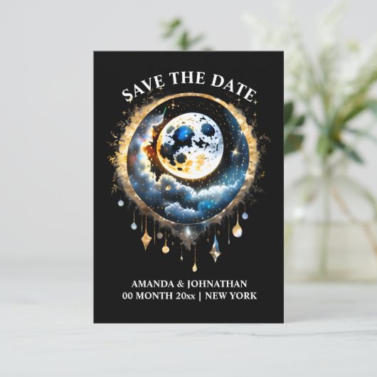 Save The Date Starry nuit pleine lune céleste ciel bleu or (Debout devant)