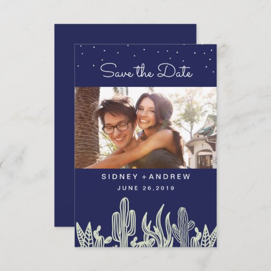 Save The Date Starry Sky et Cactus Navy Photo Enregistrer la dat (Devant / Derrière)