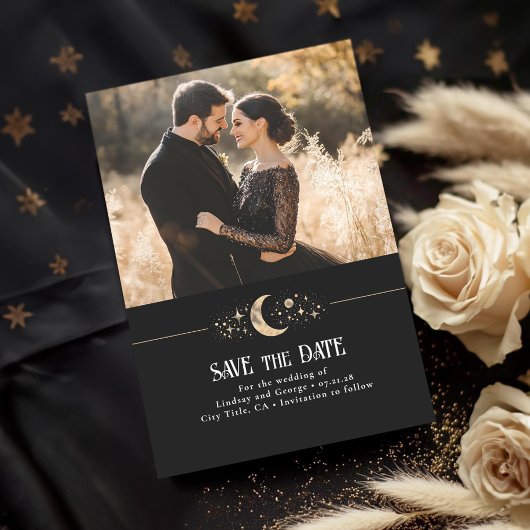 Save The Date Stars Moon Celestial Black Enregistrer la date Pho