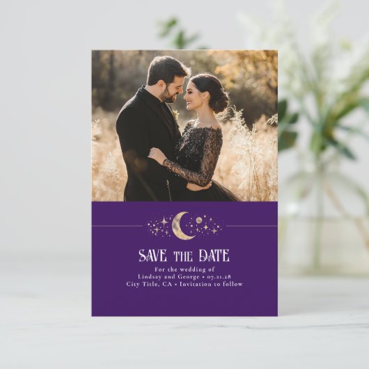 Save The Date Stars Moon Celestial Purple Enregistrer la date Ph (Debout devant)