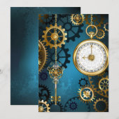 Save The Date Steampunk Arrière - plan turquoise avec Gears (Devant / Derrière)