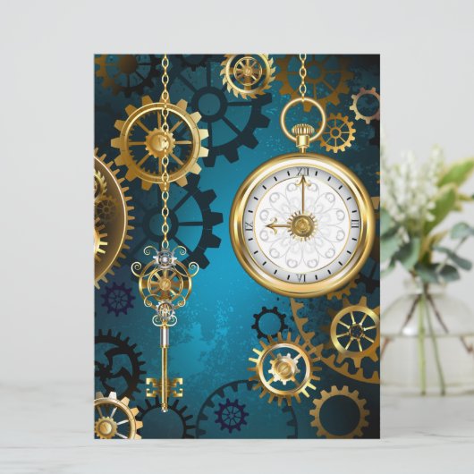 Save The Date Steampunk Arrière - plan turquoise avec Gears (Debout devant)