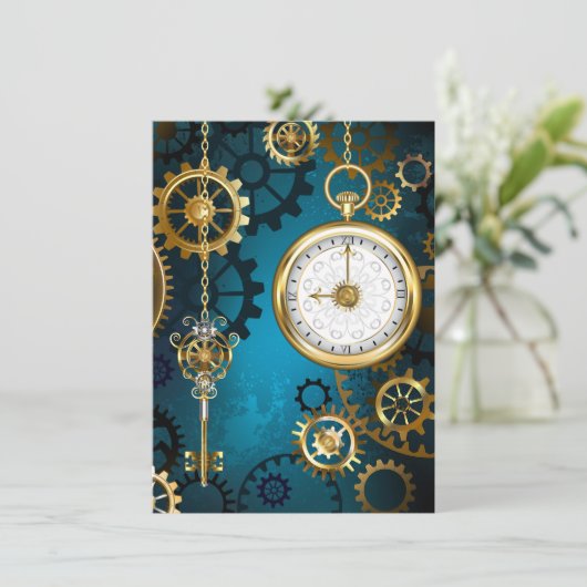 Save The Date Steampunk Arrière - plan turquoise avec Gears (Debout devant)