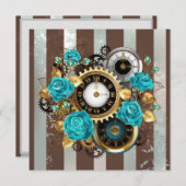 Save The Date Steampunk Clock and Turquoise Roses on Striped (Devant / Derrière)