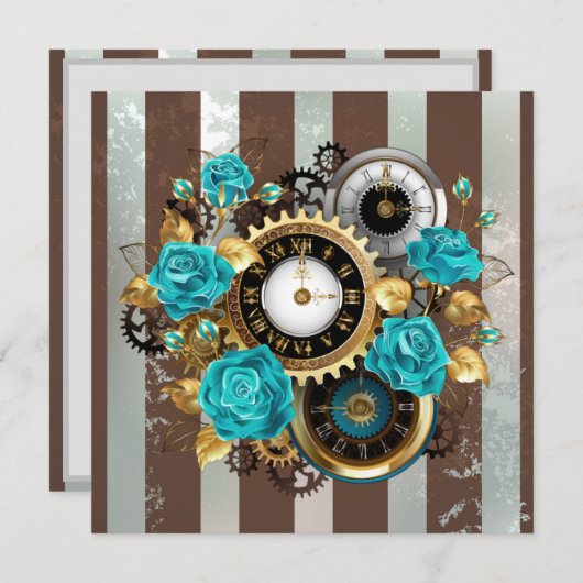 Save The Date Steampunk Clock and Turquoise Roses on Striped (Devant / Derrière)