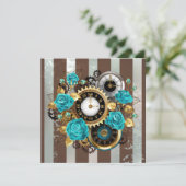 Save The Date Steampunk Clock and Turquoise Roses on Striped (Debout devant)