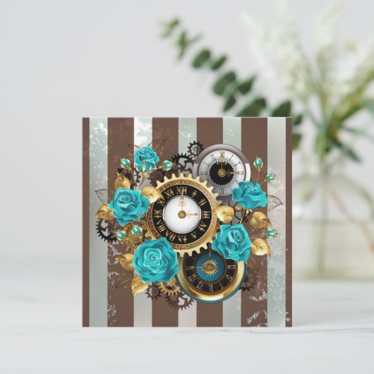 Save The Date Steampunk Clock and Turquoise Roses on Striped (Debout devant)