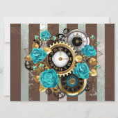 Save The Date Steampunk Clock and Turquoise Roses on Striped (Devant)