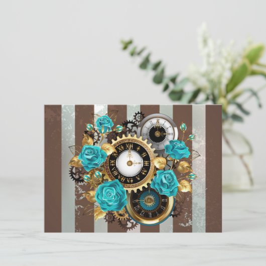 Save The Date Steampunk Clock and Turquoise Roses on Striped (Debout devant)
