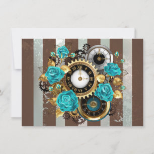 Save The Date Steampunk Clock and Turquoise Roses on Striped