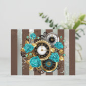 Save The Date Steampunk Clock and Turquoise Roses on Striped (Debout devant)