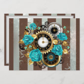 Save The Date Steampunk Clock and Turquoise Roses on Striped (Devant / Derrière)