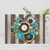 Save The Date Steampunk Clock and Turquoise Roses on Striped (Debout devant)