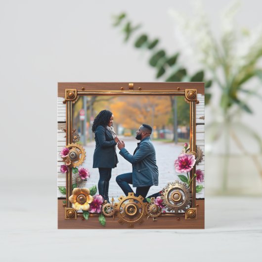 Save The Date Steampunk Mariage personnalisé en métal et en bois (Debout devant)