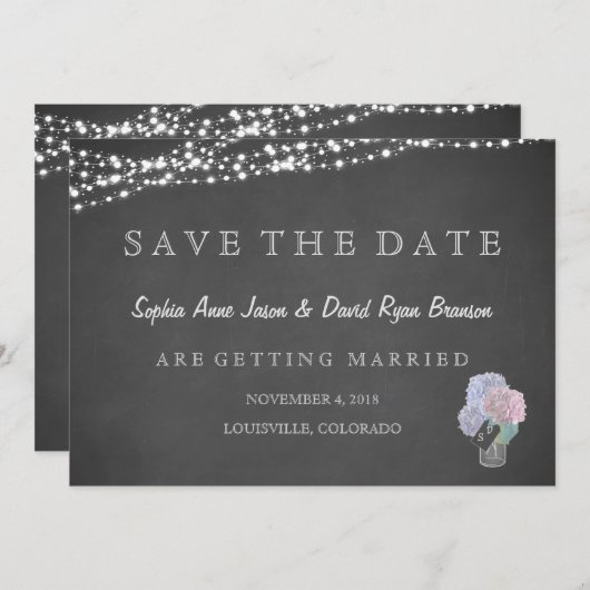 Save The Date String Lights Mason Jar Chalkboard ENREGISTRER LA  (Devant / Derrière)