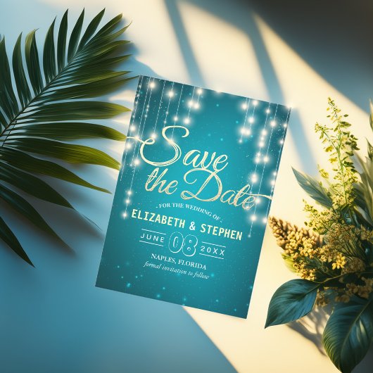 Save The Date String Lights Turquoise Gold Script Enregistrer La