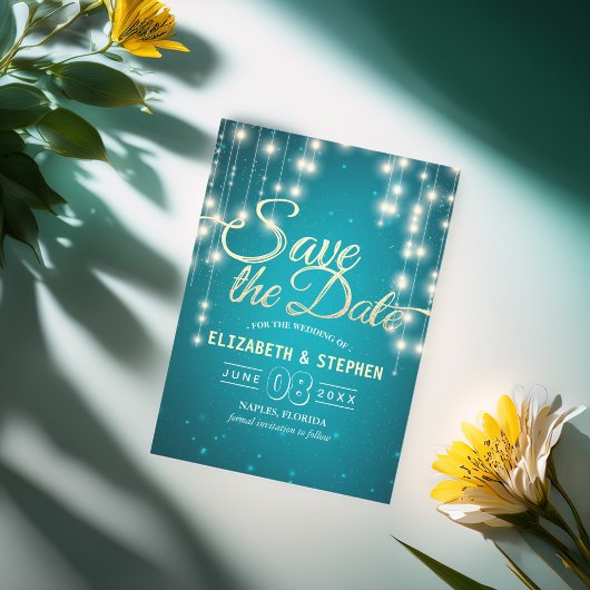 Save The Date String Lights Turquoise Gold Script Enregistrer La