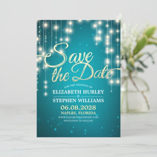 Save The Date String Lights Turquoise Gold Script Enregistrer La (Debout devant)