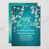 Save The Date String Lights Turquoise Gold Script Enregistrer La (Devant / Derrière)