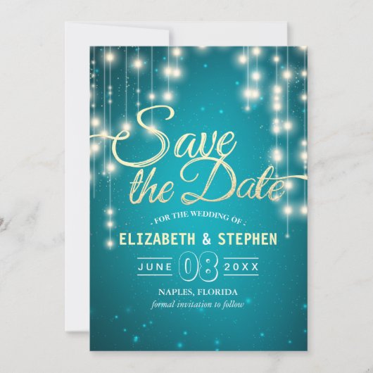 Save The Date String Lights Turquoise Gold Script Enregistrer La (Devant)