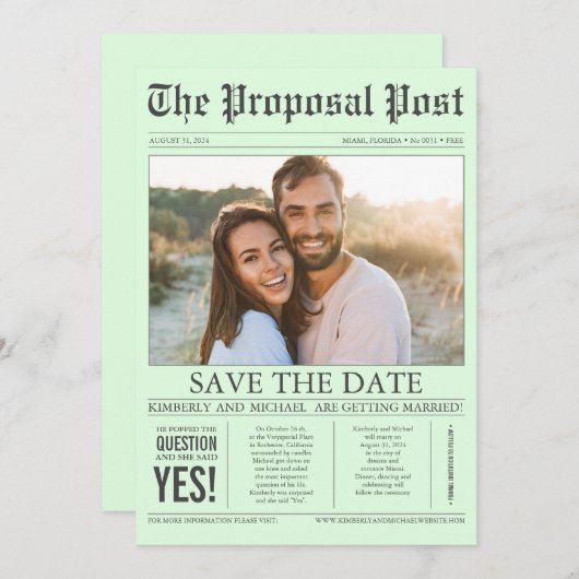 Save The Date Style de journal Mint vert Enregistrer la date Pho (Devant / Derrière)
