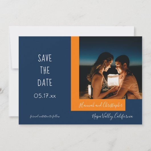 Save The Date Style moderne Blue Orange Photo Mariage simple (Devant)