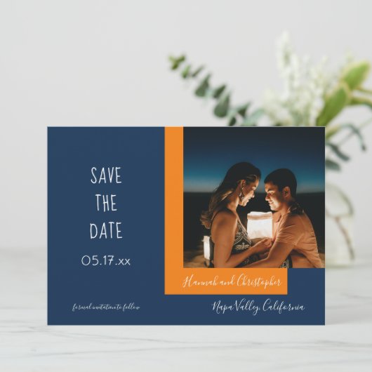 Save The Date Style moderne Blue Orange Photo Mariage simple (Debout devant)