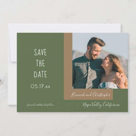 Save The Date Style moderne Olive Green Photo Mariage simple (Devant)