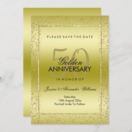 Save The Date Stylish Gold Confetti 50e Mariage  (Devant / Derrière)