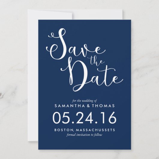 Save The Date Stylish Navy Blue Script Wedding Enregistrer la da (Devant)