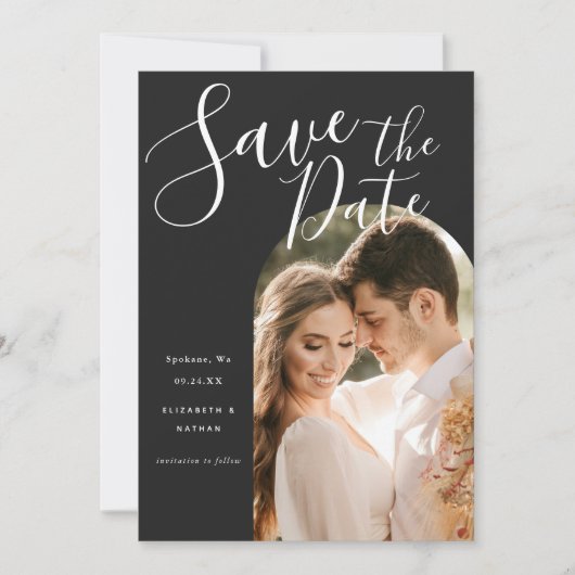 Save The Date Stylish Script Arch Frame Photo (Devant)